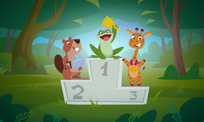 Sport award. Happy animals holding trophy gold and bronze medals or cup exact vector cartoon sport template background