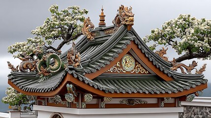 Decorative curved roof with golden mythological carvings in temple high resolution photo