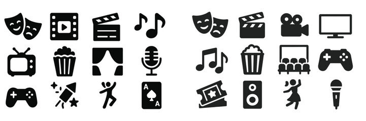 Symbols representing various forms of entertainment and media including music, film, and gaming elements