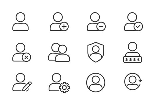 Collection of user account management icons illustrating various functional aspects of online profiles