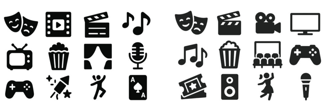 Symbols representing various forms of entertainment and media including music, film, and gaming elements
