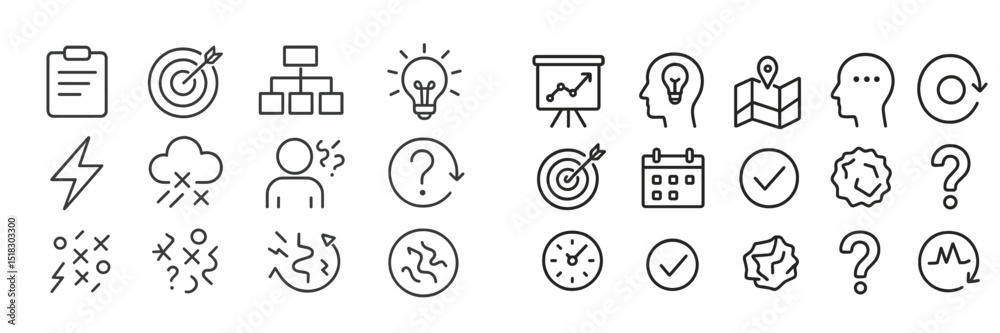 Poster Icons and symbols representing various concepts for planning, analysis, and problem-solving activities in a business context