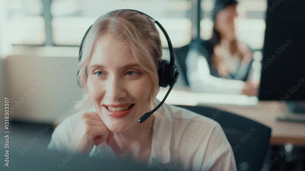Poster Help desk, talk and woman on computer in call center for technical advice, problem solving or crm. Customer service, smile and agent speaking with headset for it support, thinking or troubleshooting