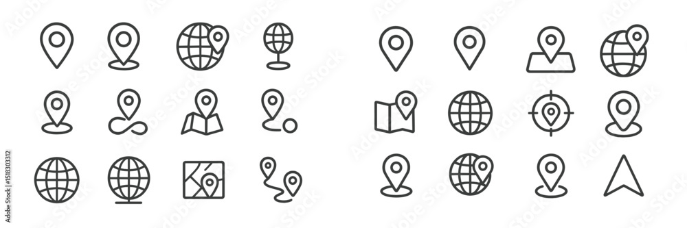 Fototapete Collection of line icons representing map markers, globes, and navigation elements on a clean background