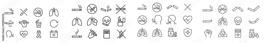 Poster symbols and icons representing smoking prohibition and health risks related to tobacco use in a crea