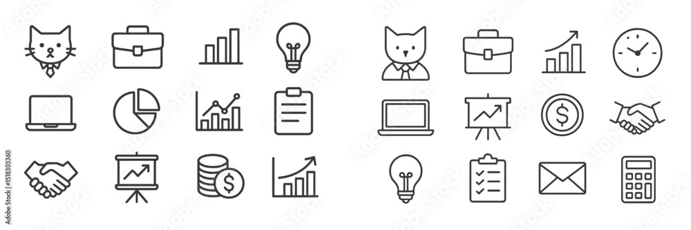 Poster business and finance themed icons including cat, charts, and office elements arranged in a grid layo