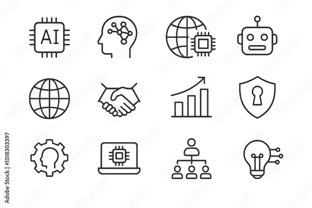 Poster Exploring concepts of artificial intelligence through symbols representing technology, collaboration, and innovation