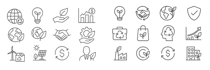 Icons representing sustainability, renewable energy, and economic growth in a modern design