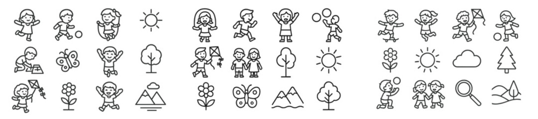 Naklejka premium Children playing outdoors in various activities surrounded by nature on a sunny day