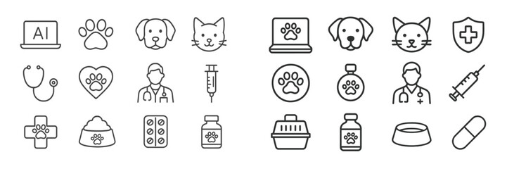 Icons representing veterinary care, pet health, and technology in an organized grid layout