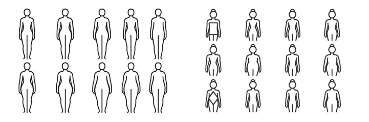 A collection of simple line drawings of diverse human figure poses for artistic or instructional use