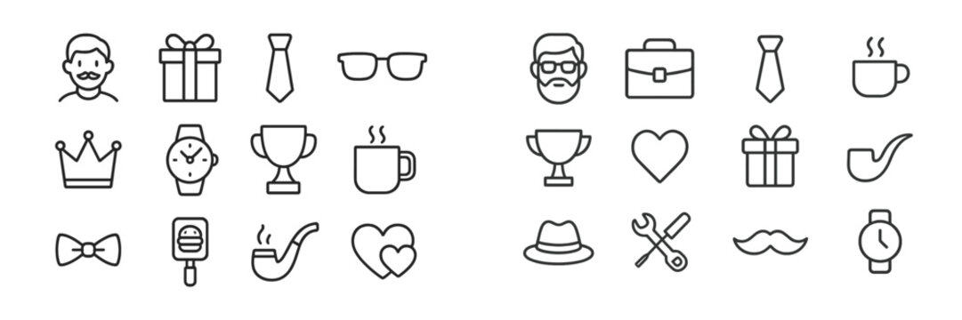 Icon set featuring various symbols related to celebration, profession, and leisure activities designed in minimalist style