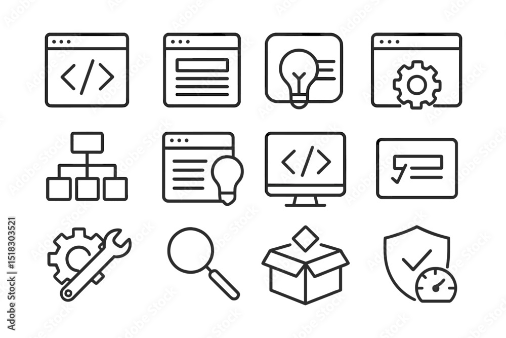 Aufkleber Icons representing web development concepts in a minimalistic design, illustrating coding, problem-solving, and project management