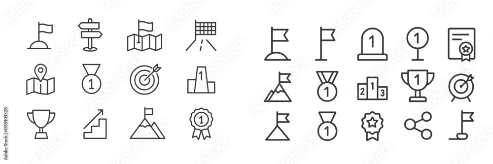 Poster collection of line icons depicting various symbols of achievement, navigation, and competition in a 
