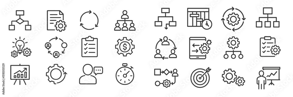 Poster Various icons representing business workflow, teamwork, and project management in a professional context