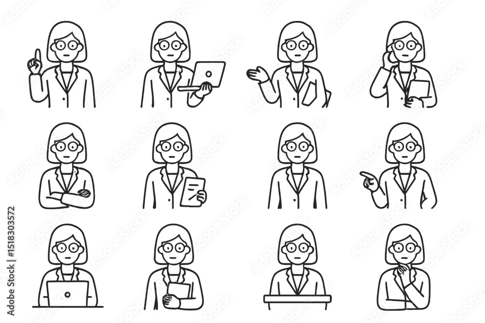 Poster dynamic representation of a woman in various professional settings engaged in different work activit