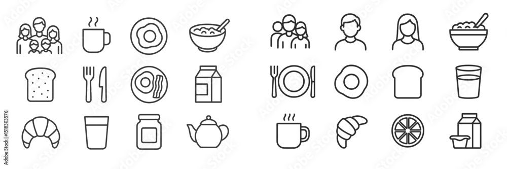 Poster various food and drink icons depicting breakfast elements and social gatherings in a simple and clea