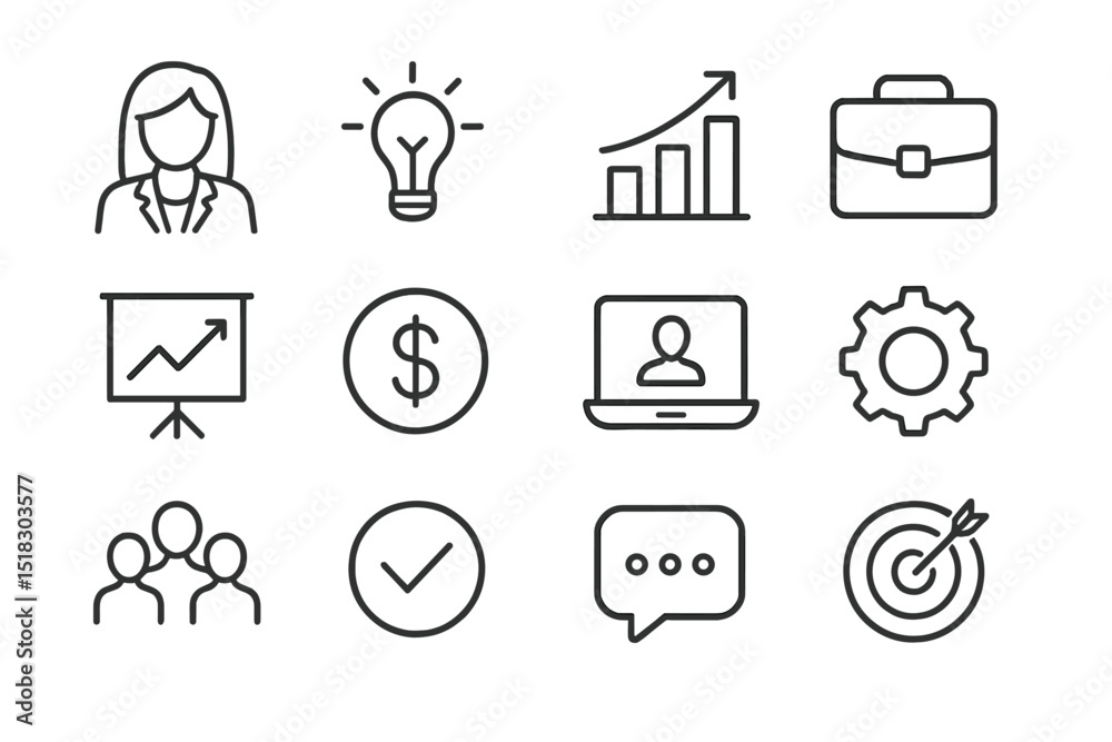 Poster business concepts visualized through icons representing innovation, growth, and teamwork in a profes