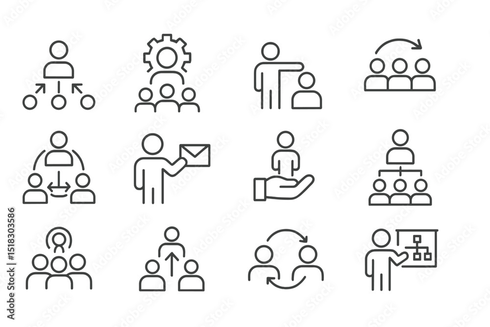 Poster effective management concepts represented through simple line icons showcasing teamwork, communicati