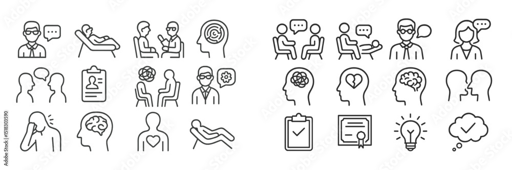 Poster diverse symbols representing mental health concepts and therapy sessions for various client interact