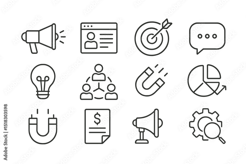 Aufkleber illustration of marketing icons showing various aspects of advertising and analytics in a digital co