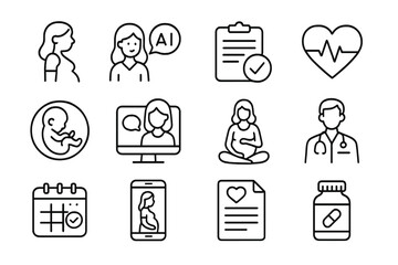 Illustration of pregnancy care concepts featuring medical technology, health monitoring, and support activities