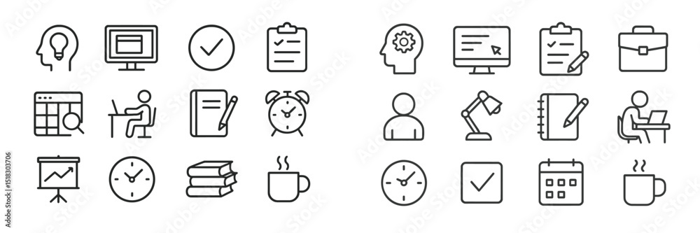 Aufkleber collection of various productivity symbols and icons for work and time management tasks