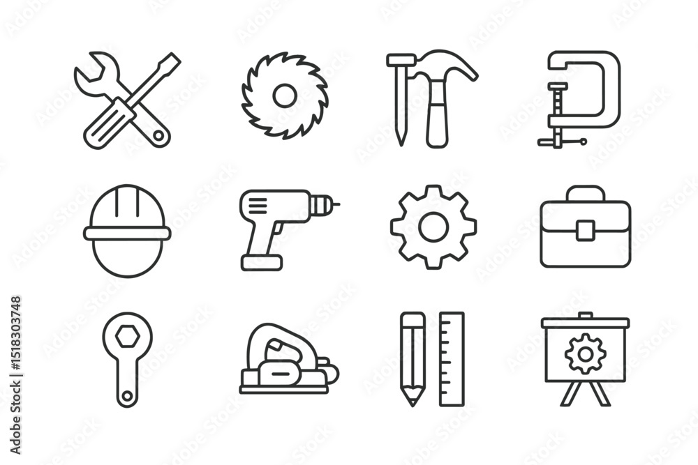 Poster Collection of construction and repair tools displayed in a grid format on a simple background for reference or educational purposes