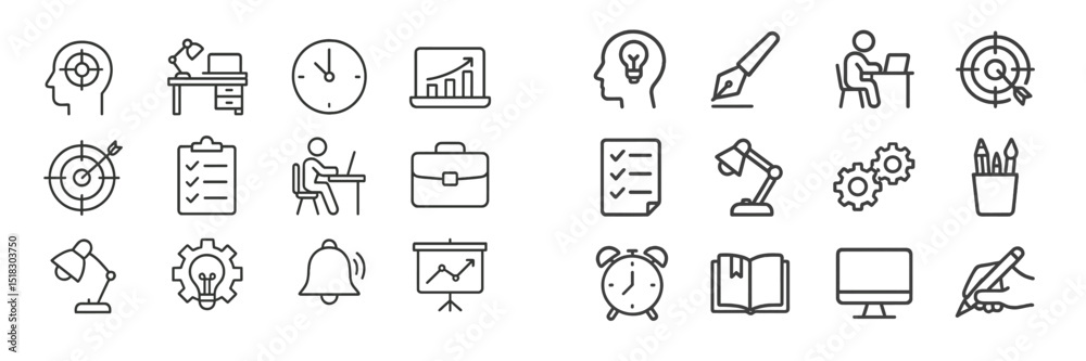 Poster collection of simple icons representing productivity, management, and work environment activities in