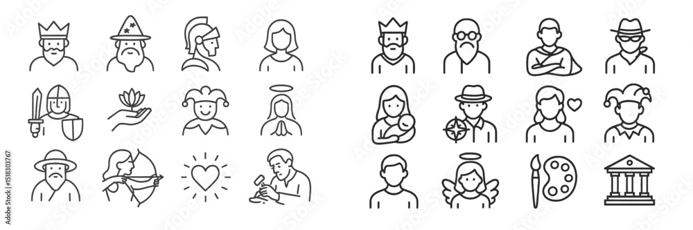 Poster Characters representing various professions, roles, and archetypes in a simple line art style for creative projects and storytelling