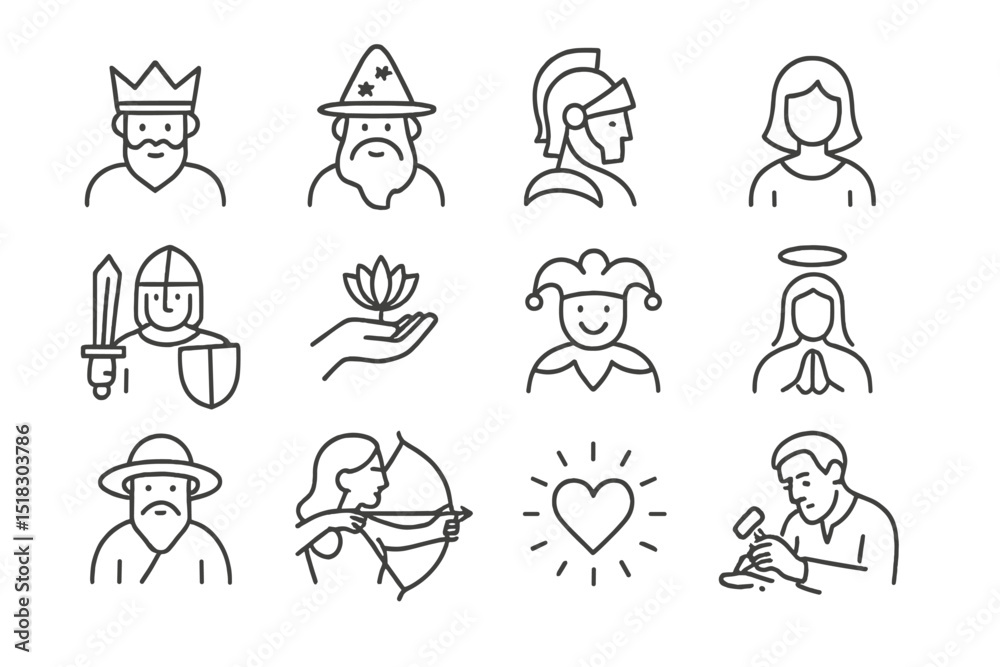 Poster Various character illustrations depicting professions and roles in a minimalistic style across different scenarios and activities