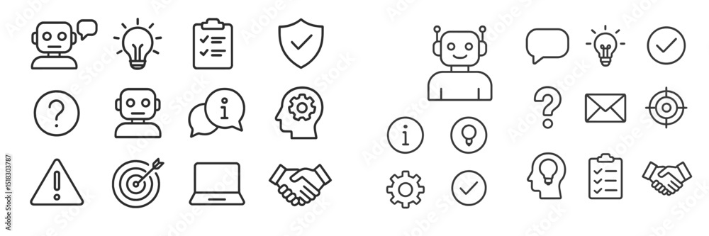 Poster various symbols representing technology, communication, and ideas in a minimalist style suitable for