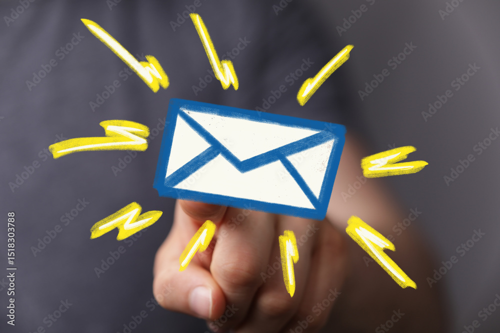 Poster close-up of hand interacting with digital email icon. new message alert concept.