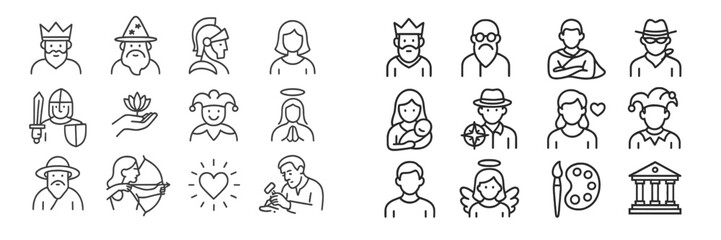 Characters representing various professions, roles, and archetypes in a simple line art style for creative projects and storytelling
