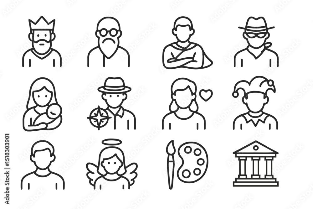 Poster Iconic representations of various characters and professions illustrated in a linear style on a white background