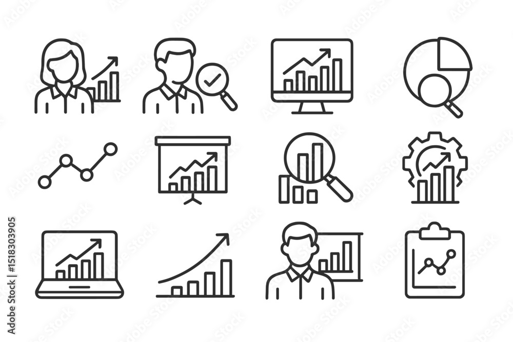 Poster various business analytics icons depicting growth trends and analysis tools for presentations and re