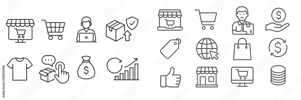 Poster e-commerce and online shopping icons representing various aspects of digital retail experiences