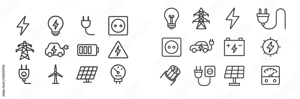 Poster electricity icons representing energy sources and devices in a modern and minimalist layout in black