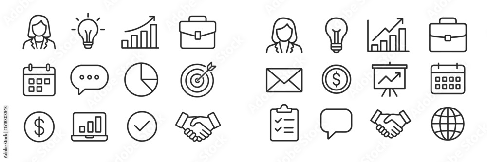 Poster icon collection depicting business concepts, finance, and teamwork in a minimalistic style for profe