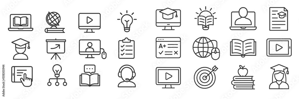 Poster Educational icons representing various learning technologies and activities in a digital classroom setting