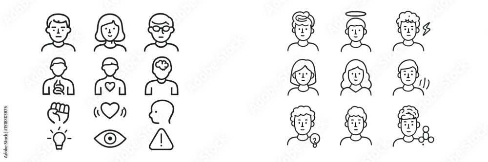 Aufkleber illustrating diverse human emotions and interactions in minimalist line art style in a conceptual la