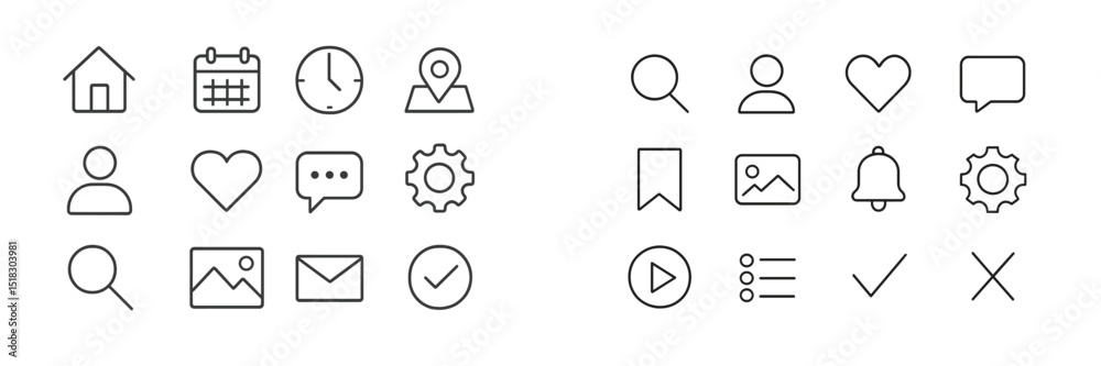 Aufkleber collection of minimalist icons representing various digital activities and navigation elements for u