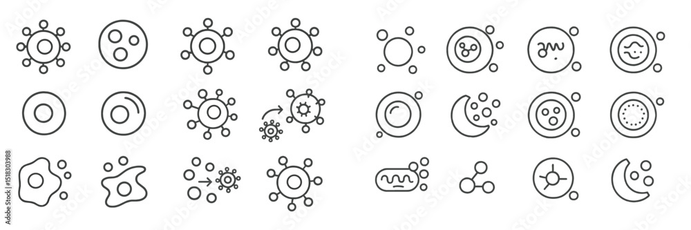 Poster illustrations of various cell types and biological structures in a simple, line-art style