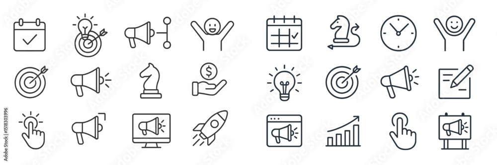 Poster creative icons illustrating marketing concepts, brainstorming ideas, and project management in a mod
