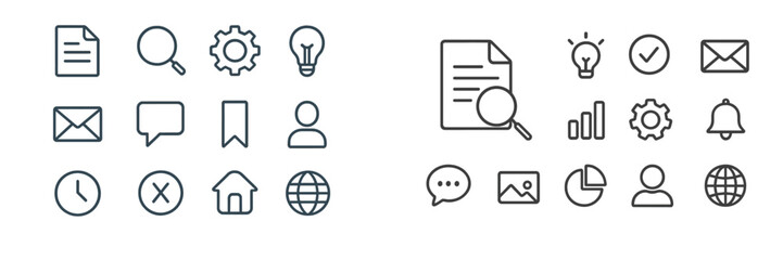 Collection of minimalistic line icons representing communication, technology, and time management for digital design