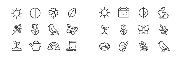 Colorful spring symbols and icons showcasing nature, wildlife, and seasonal activities in a fun and minimalist design