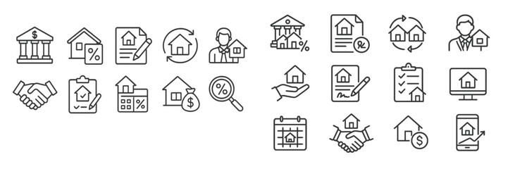 Icons illustrating various aspects of real estate transactions and financial activities related to property management