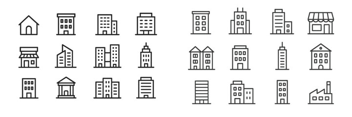 Obraz premium Variety of building icons illustrating urban architecture in a minimalist style