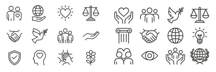 Various line icons representing themes of love, community, peace, balance, and protection, suitable for social initiatives or projects