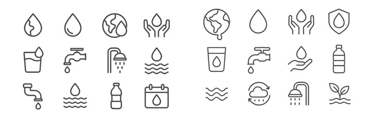 Infographic showcasing water-related icons representing conservation, usage, and sustainability efforts across various contexts